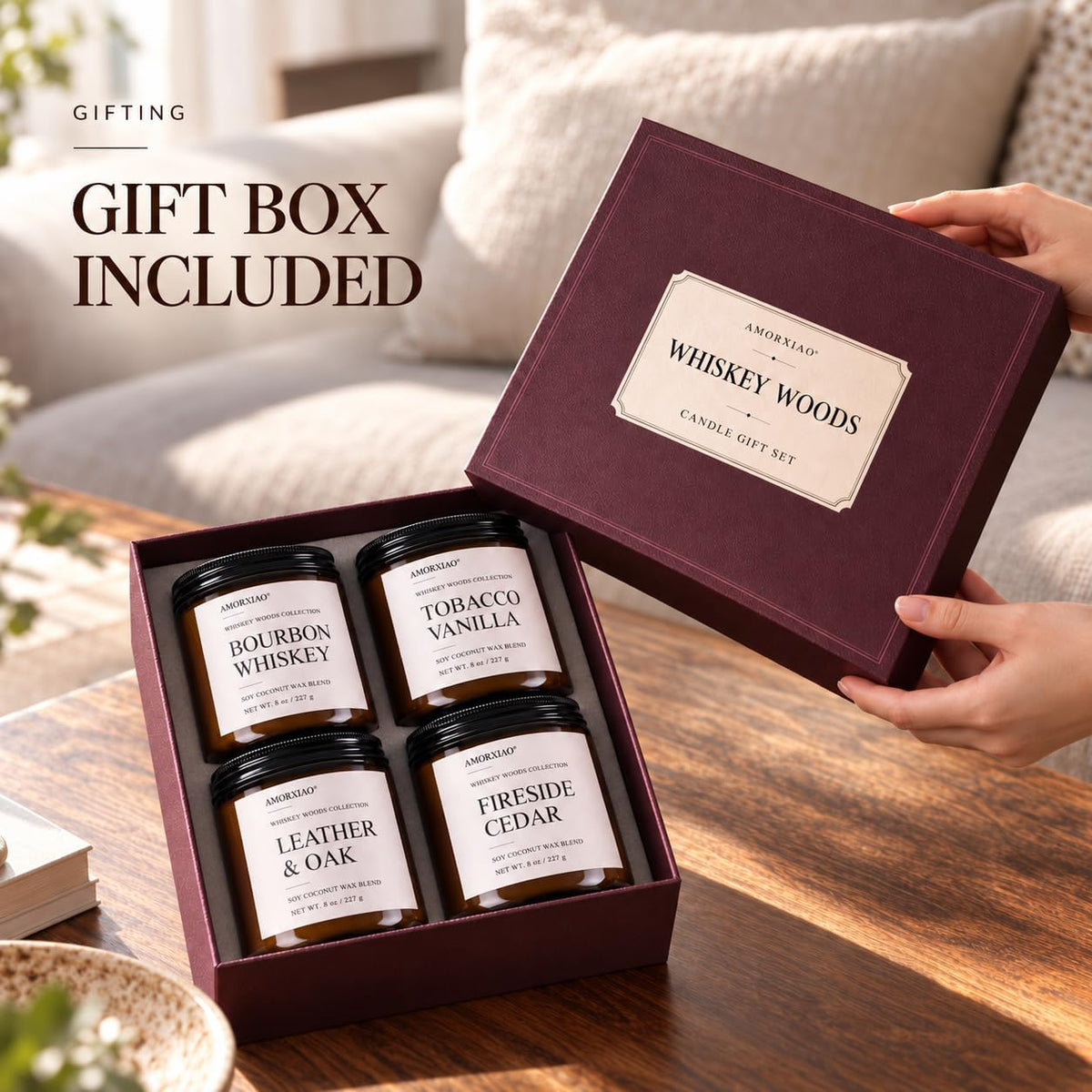 Whiskey Scented Candles Set for Men, 4 Pack 8 Oz Soy Coconut Wax Candles in Amber Glass Jars, Woodsy Fragrance Collection with 8% Fragrance Oil Load, 30-35 Hour Burn Time, Gift Set for Him