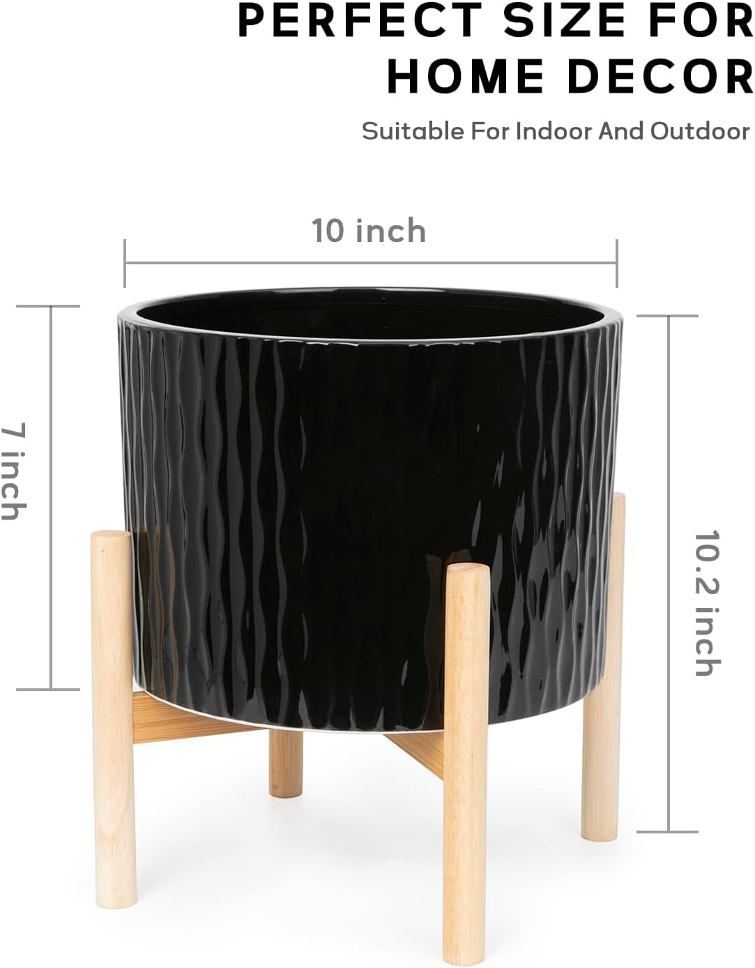 Ceramic Plant Pot with Stand, 10 Inch Planter with Wood Shelf, Modern round Flower Pots Indoor with Wood Planter Holder, Black Water Ripple Pattern