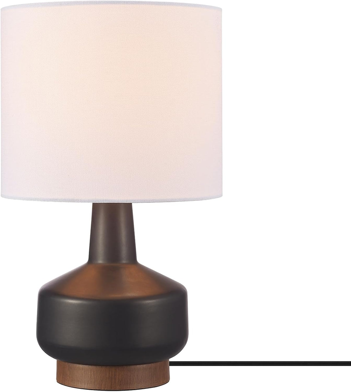 Mid Century Ceramic Table Lamp, Black Base with Wood Accent