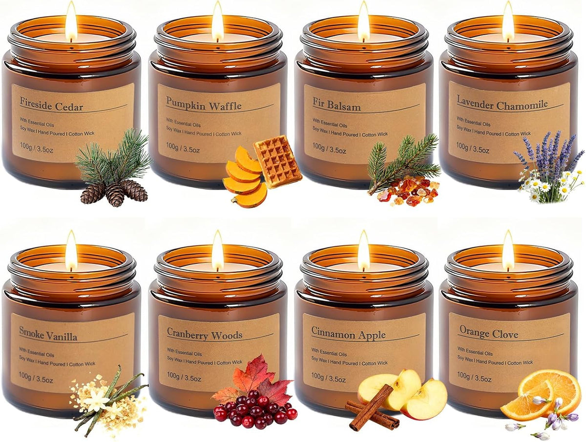 Fall Candles Gift Set – 8 Pack Vintage Amber Glass Jar Candles,Scents for Home, Gift for Women,Aromatherapy Soy Wax Candles,Cozy Home Décor,Premium Box