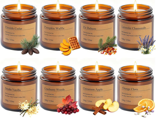 Fall Candles Gift Set – 8 Pack Vintage Amber Glass Jar Candles,Scents for Home, Gift for Women,Aromatherapy Soy Wax Candles,Cozy Home Décor,Premium Box