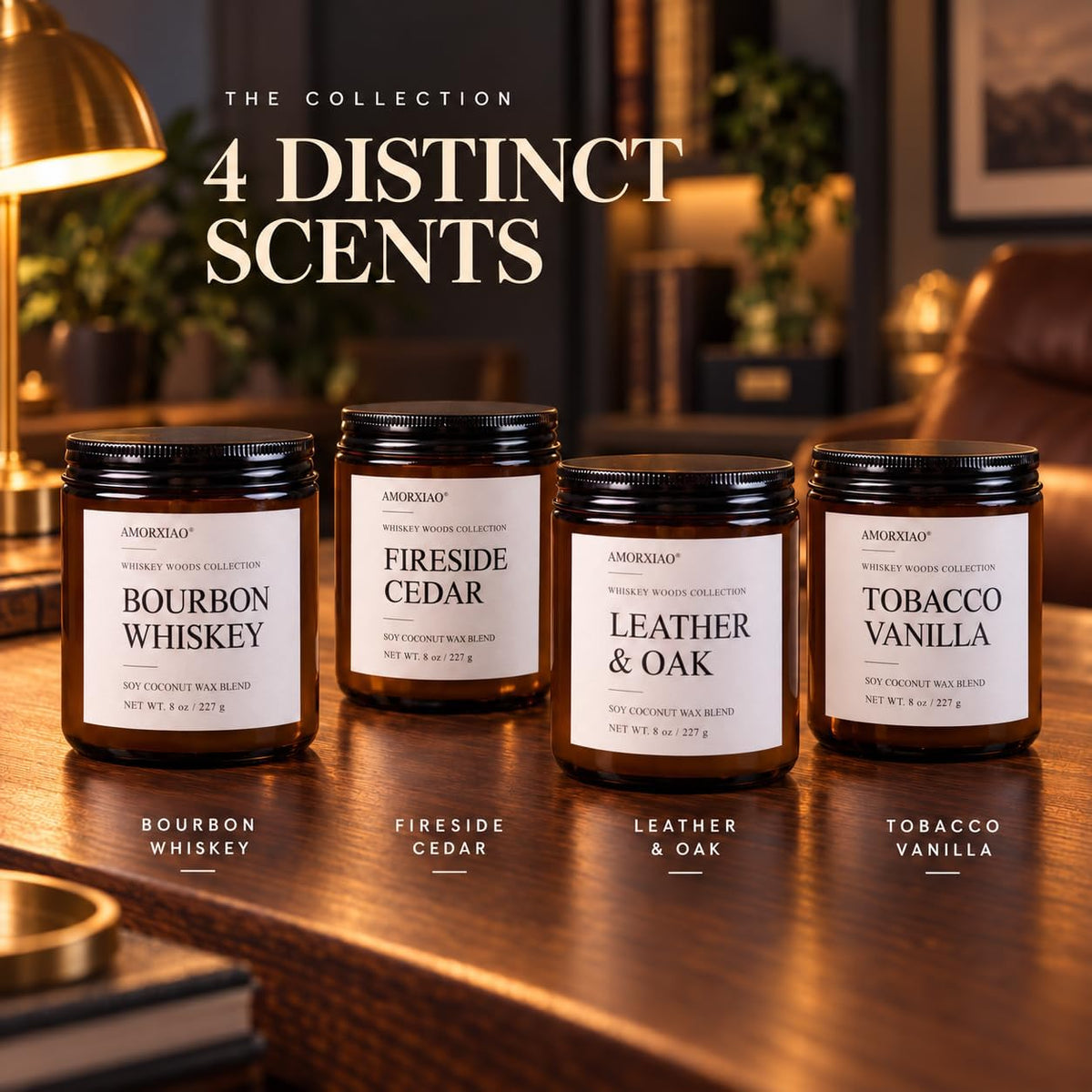 Whiskey Scented Candles Set for Men, 4 Pack 8 Oz Soy Coconut Wax Candles in Amber Glass Jars, Woodsy Fragrance Collection with 8% Fragrance Oil Load, 30-35 Hour Burn Time, Gift Set for Him