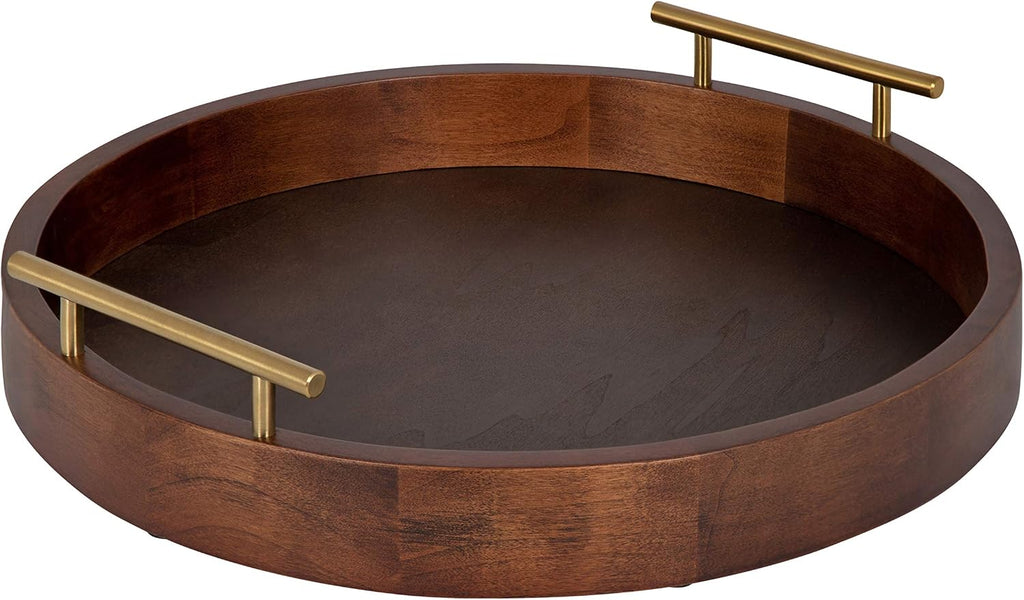 Mid Century Walnut Round Serving Tray with Gold Handles