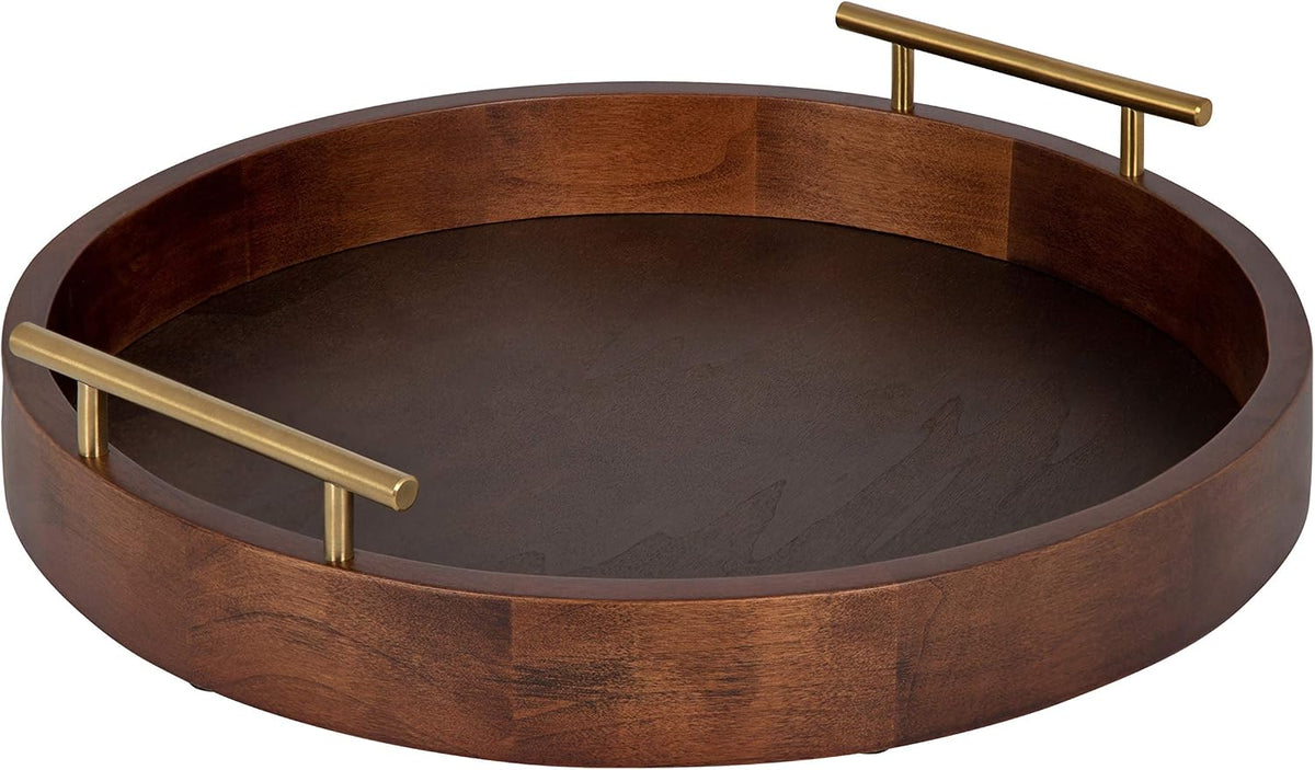 Mid Century Walnut Round Serving Tray with Gold Handles