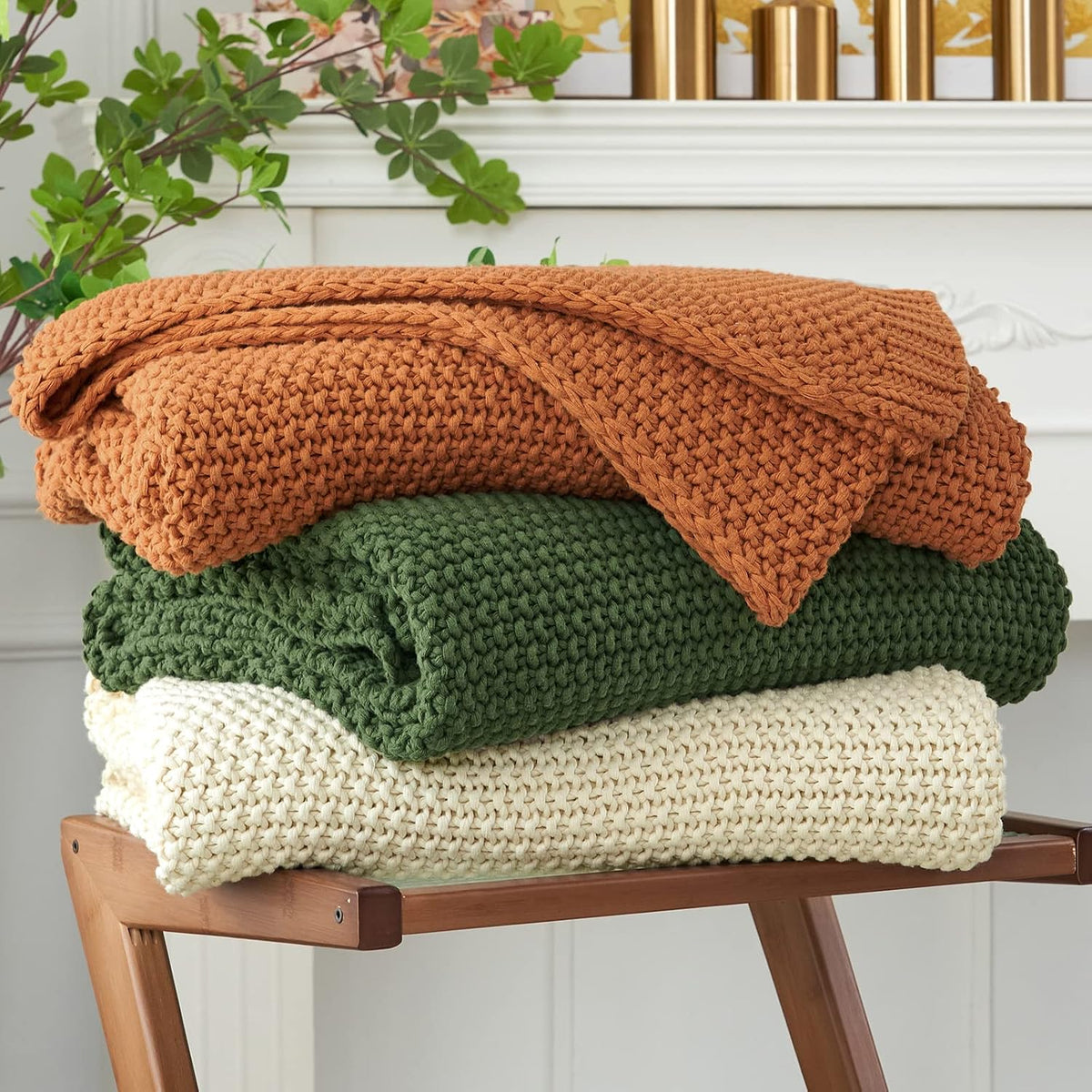 Chunky Cable Knit Throw Blanket in Beige, 51 by 63 Inches product photo