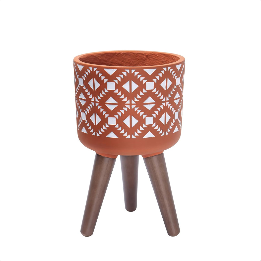 Terracotta and White Planter with Wood Stand, 8 Inch product photo