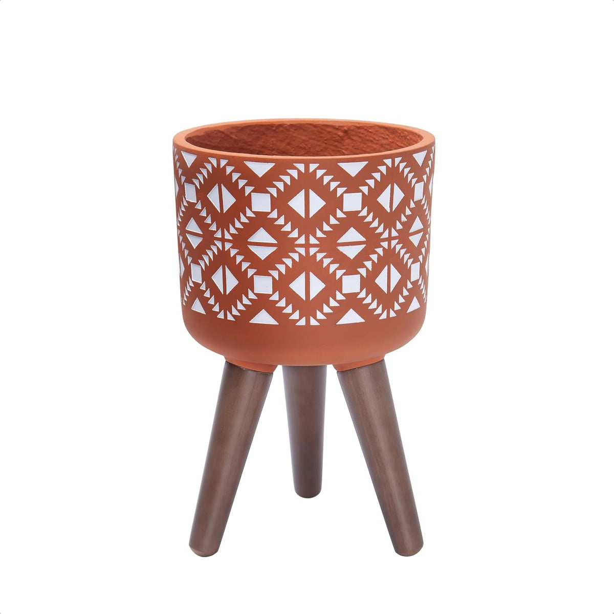 Terracotta and White Planter with Wood Stand, 8 Inch product photo
