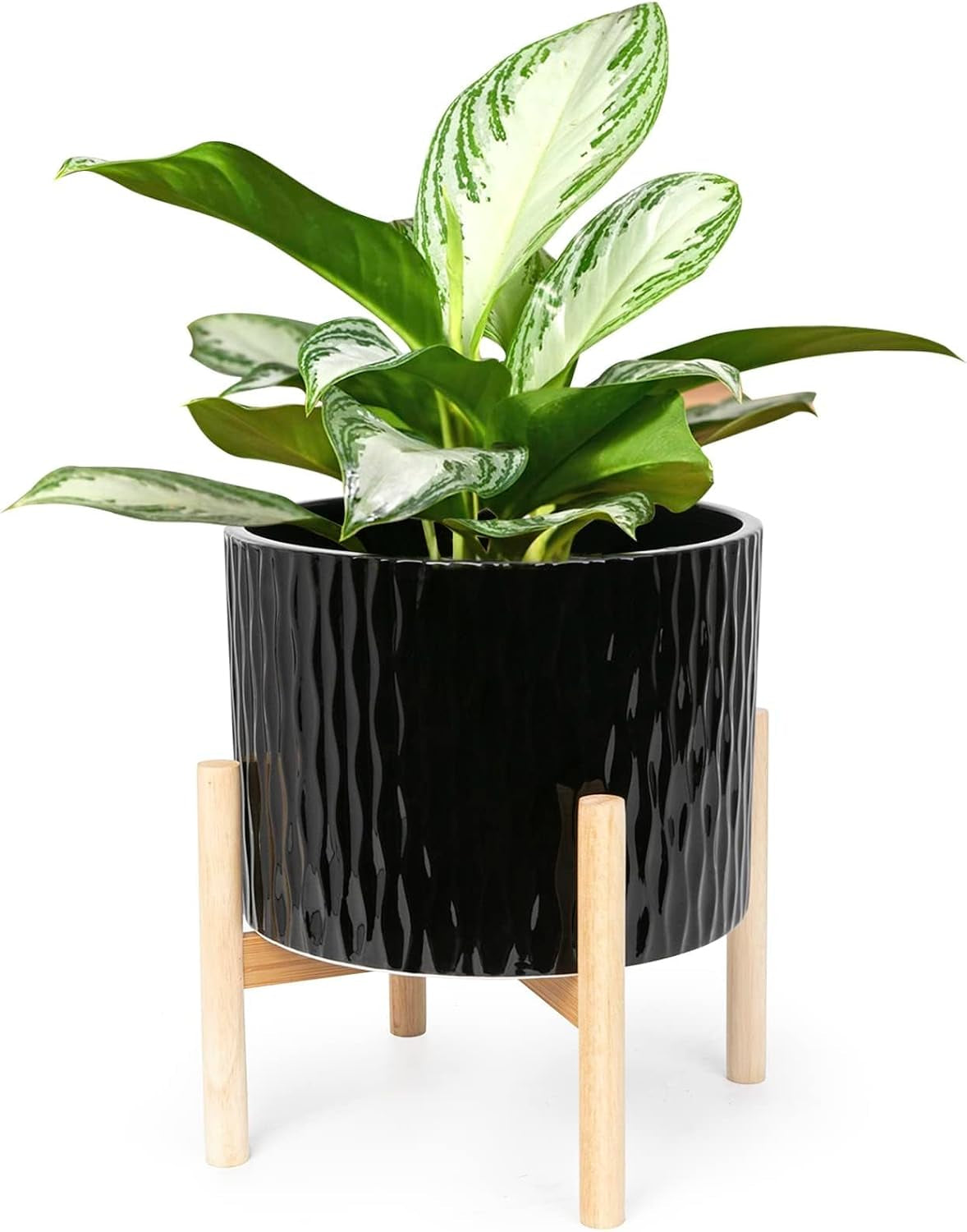 Black Ripple Ceramic Planter with Wood Stand, 10 Inch