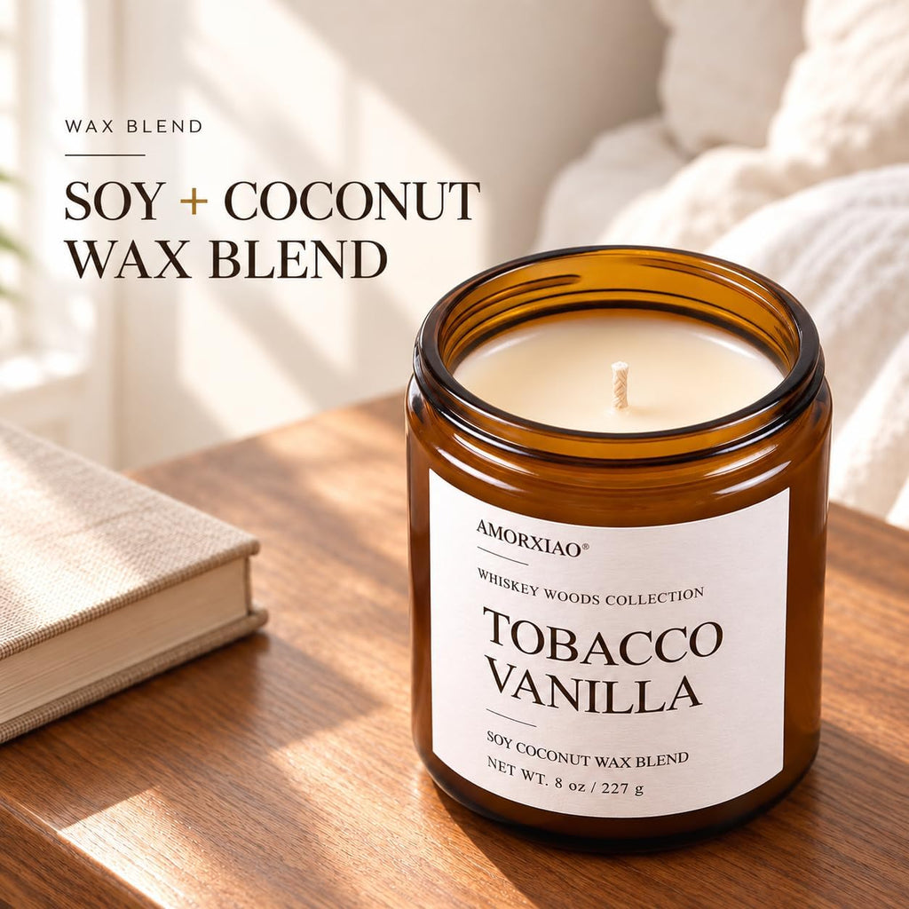Whiskey Scented Candles Set for Men, 4 Pack 8 Oz Soy Coconut Wax Candles in Amber Glass Jars, Woodsy Fragrance Collection with 8% Fragrance Oil Load, 30-35 Hour Burn Time, Gift Set for Him