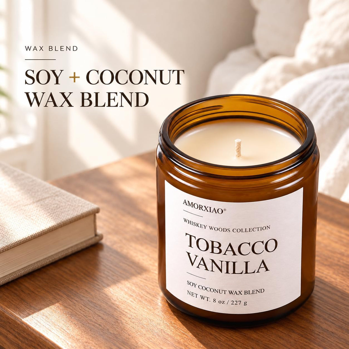 Whiskey Scented Candles Set for Men, 4 Pack 8 Oz Soy Coconut Wax Candles in Amber Glass Jars, Woodsy Fragrance Collection with 8% Fragrance Oil Load, 30-35 Hour Burn Time, Gift Set for Him