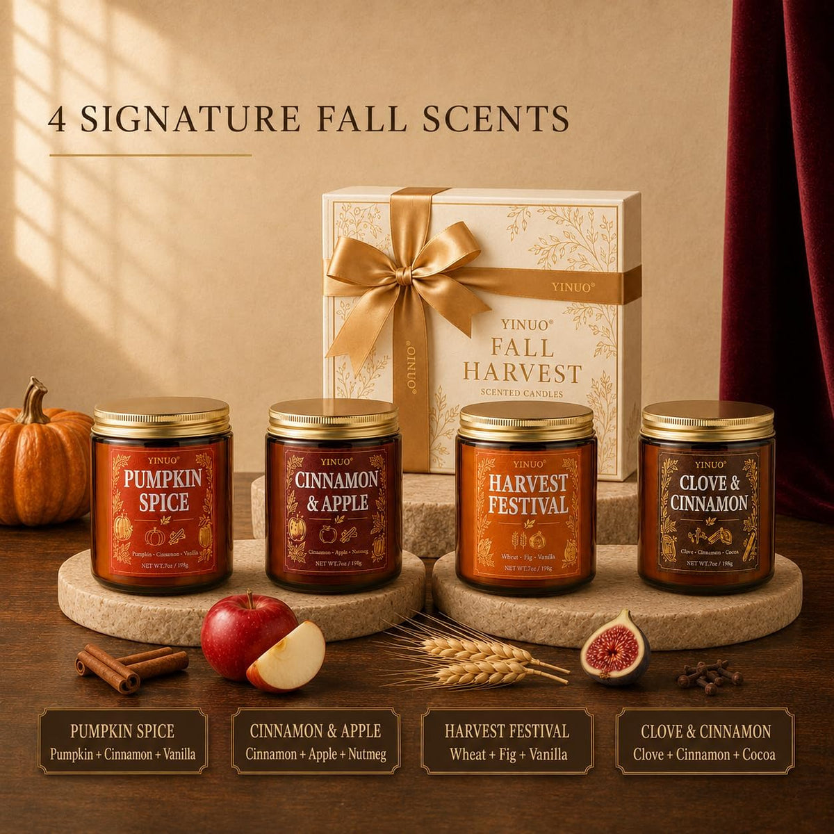 Fall Scented Candles Gift Set, 4 Pack Soy Coconut Wax Pumpkin Candle Set