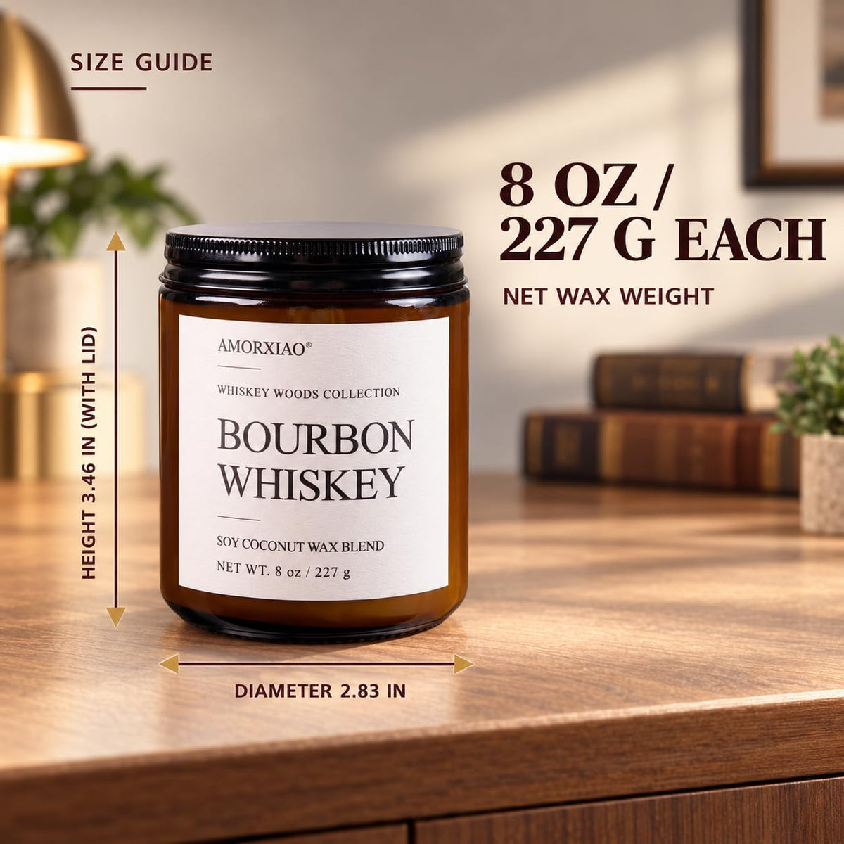 Whiskey Scented Candles Set for Men, 4 Pack 8 Oz Soy Coconut Wax Candles in Amber Glass Jars, Woodsy Fragrance Collection with 8% Fragrance Oil Load, 30-35 Hour Burn Time, Gift Set for Him
