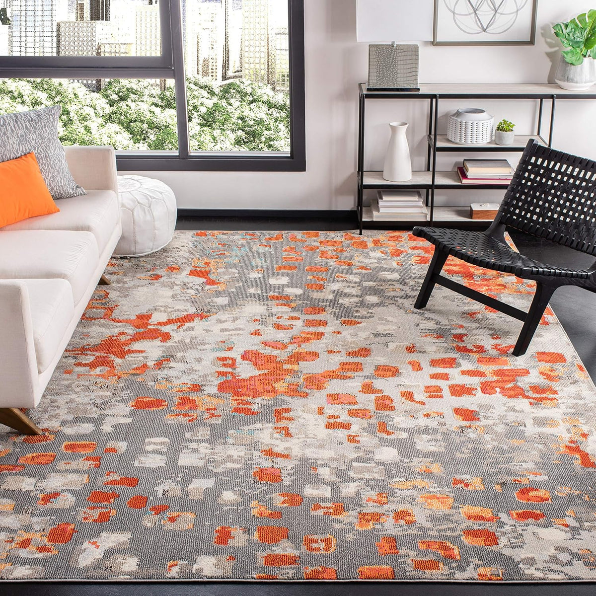 Modern Orange and Grey Abstract Rug 6x6 Square Speckle Pattern