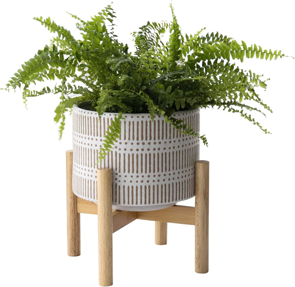 Ceramic Planter with Wood Stand, Beige and White, 7 Inch product photo