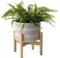 Ceramic Planter with Wood Stand, Beige and White, 7 Inch product photo