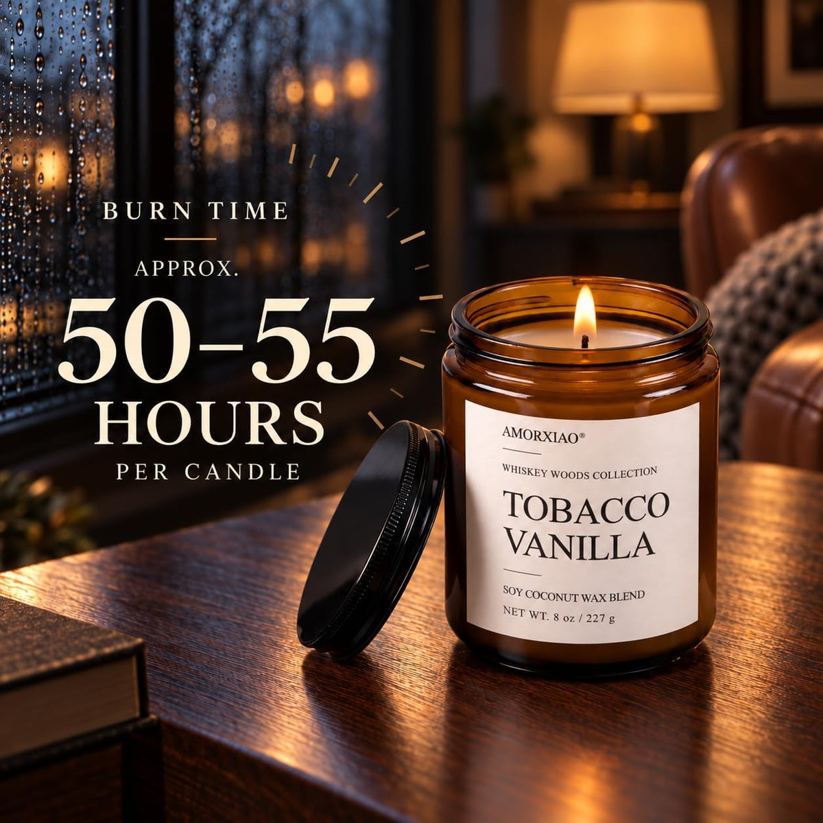 Whiskey Scented Candles Set for Men, 4 Pack 8 Oz Soy Coconut Wax Candles in Amber Glass Jars, Woodsy Fragrance Collection with 8% Fragrance Oil Load, 30-35 Hour Burn Time, Gift Set for Him