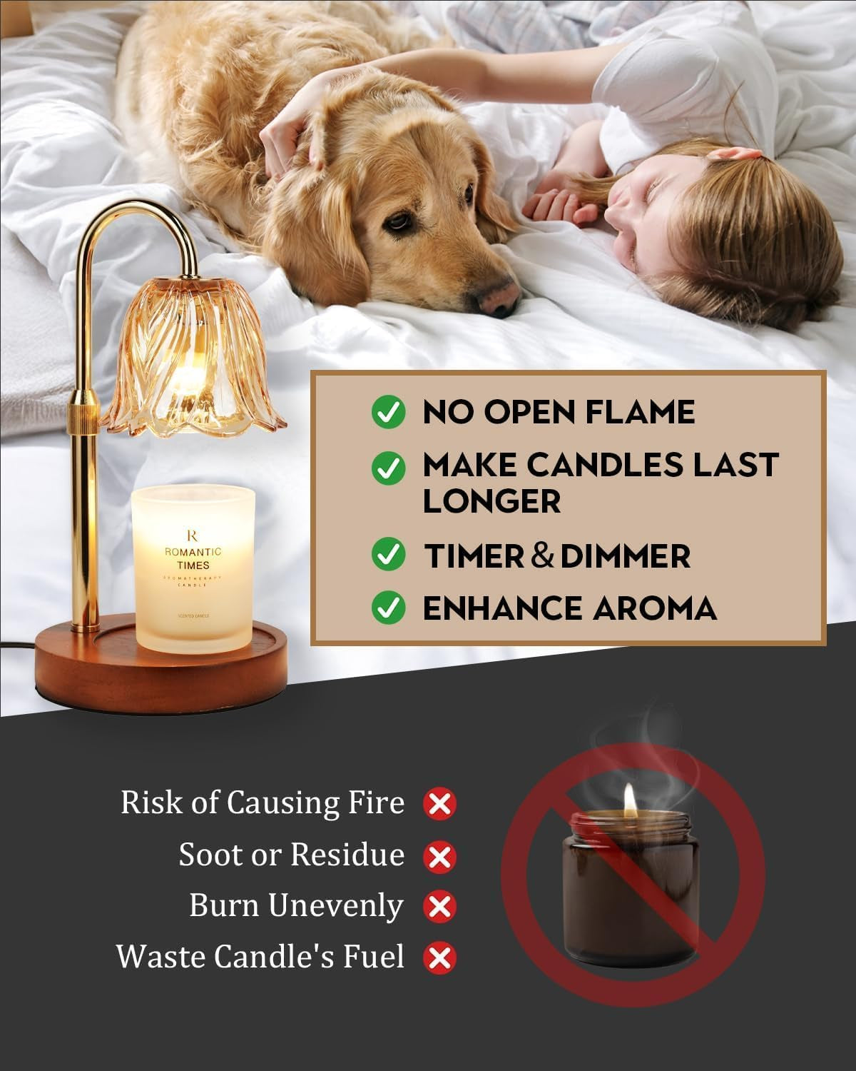 Candle Warmer Lamp, Gold Candle Lamp Warmer with Timer & Dimmer with 2 Bulbs, Christmas Birthday Gifts for Women Mom Her, House Warming Gift New Home Bedroom Decor, Height Adjustable