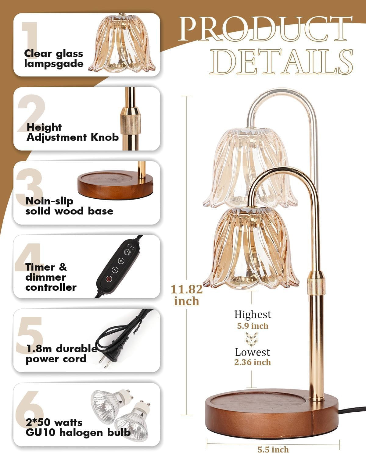 Candle Warmer Lamp, Gold Candle Lamp Warmer with Timer & Dimmer with 2 Bulbs, Christmas Birthday Gifts for Women Mom Her, House Warming Gift New Home Bedroom Decor, Height Adjustable