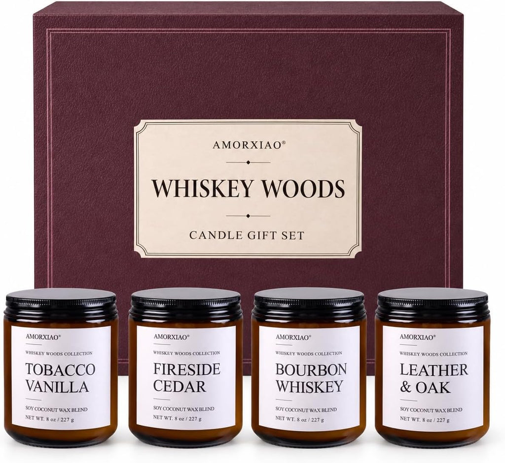 Whiskey Scented Candles Set for Men, 4 Pack 8 Oz Soy Coconut Wax Candles in Amber Glass Jars, Woodsy Fragrance Collection with 8% Fragrance Oil Load, 30-35 Hour Burn Time, Gift Set for Him
