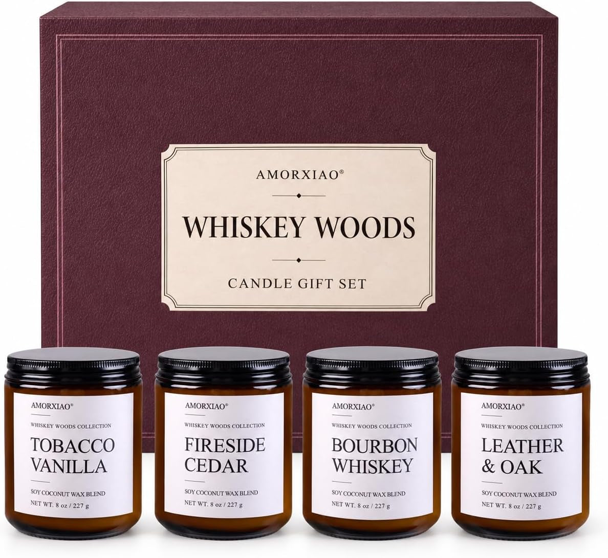 Whiskey Scented Candles Set for Men, 4 Pack 8 Oz Soy Coconut Wax Candles in Amber Glass Jars, Woodsy Fragrance Collection with 8% Fragrance Oil Load, 30-35 Hour Burn Time, Gift Set for Him
