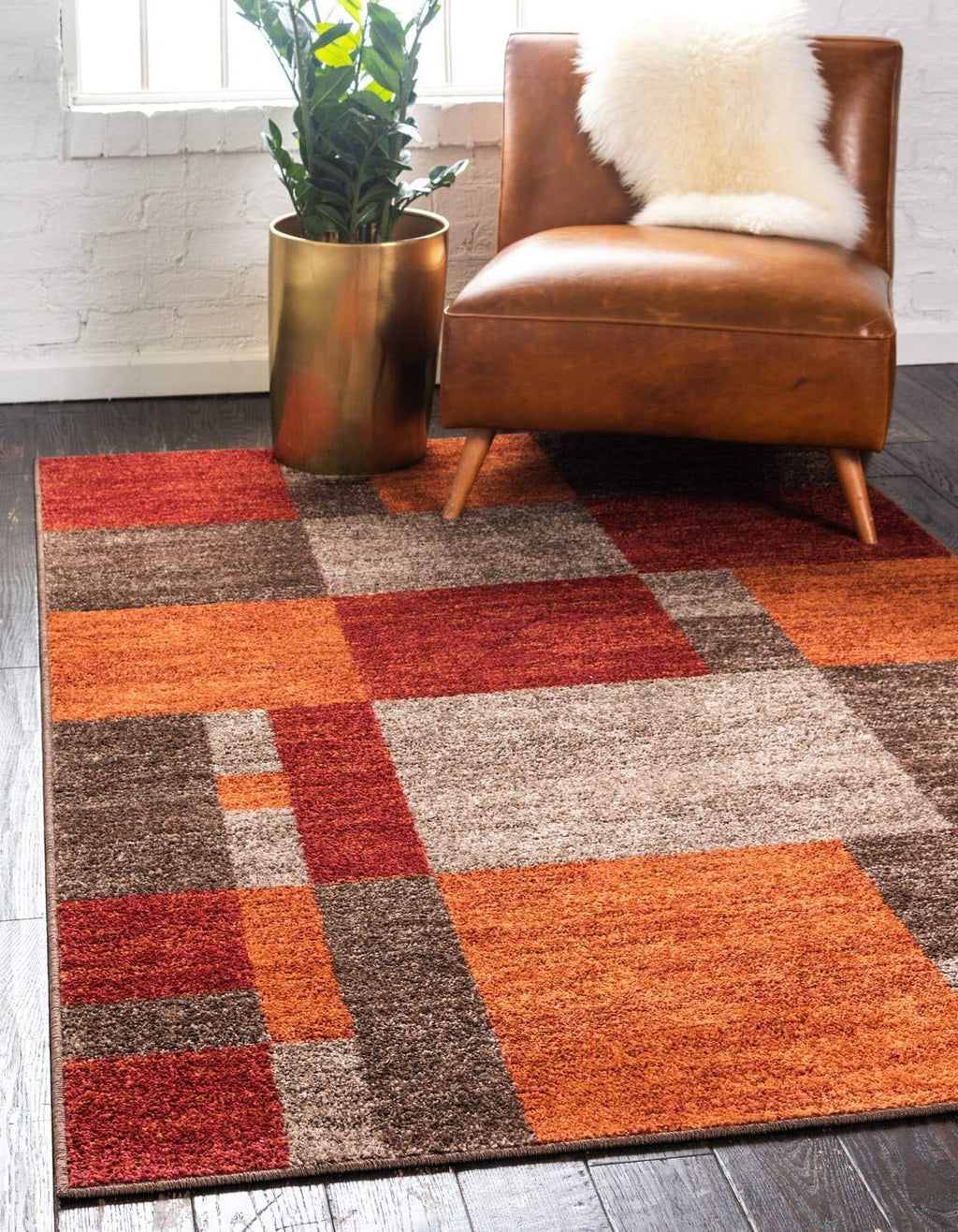 Retro Color Block Area Rug 5x8 Orange Rust Brown