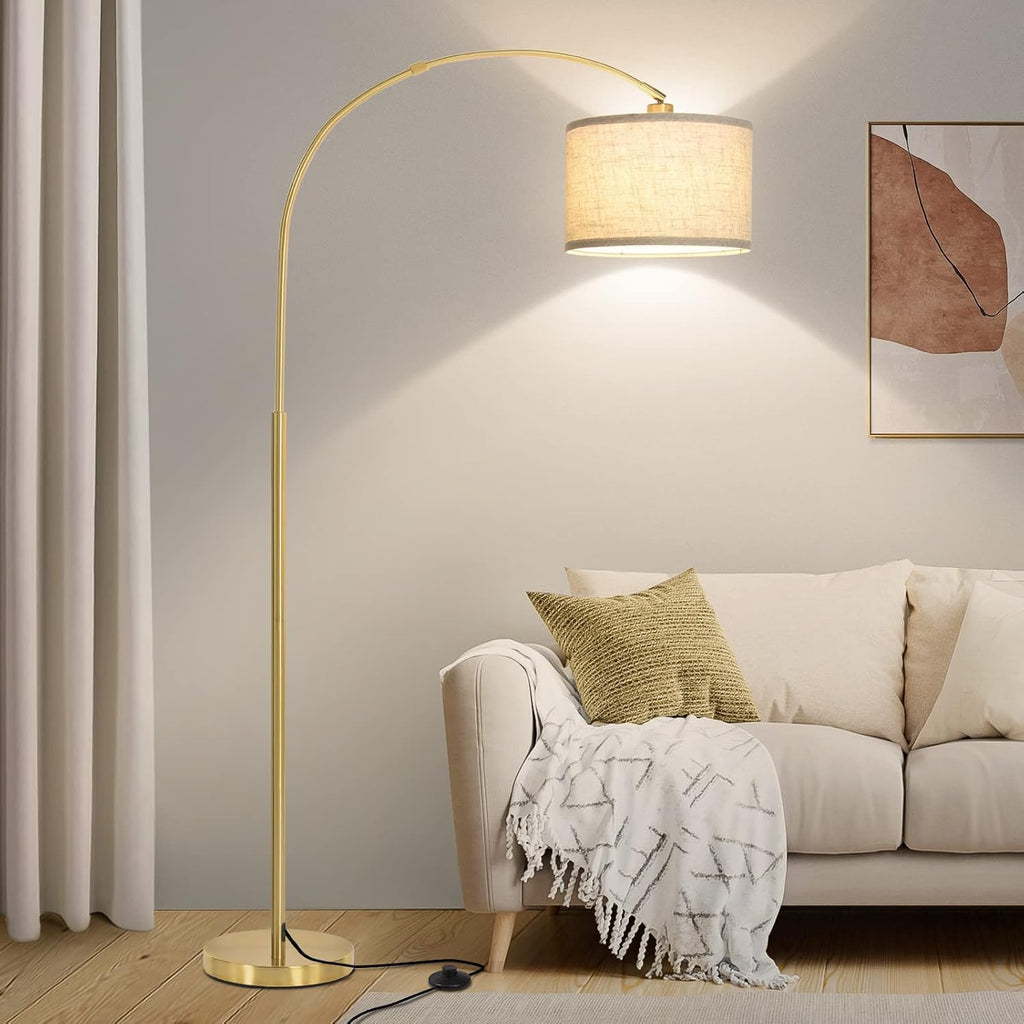 Gold Arc Floor Lamp with Adjustable Drum Shade