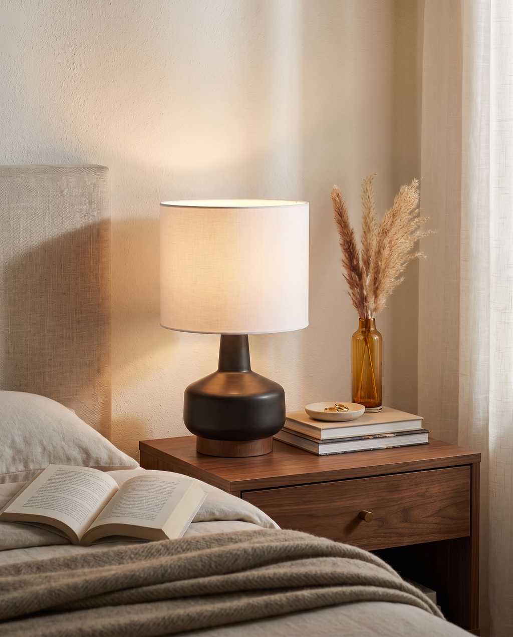 Mid Century Ceramic Table Lamp, Black Base with Wood Accent