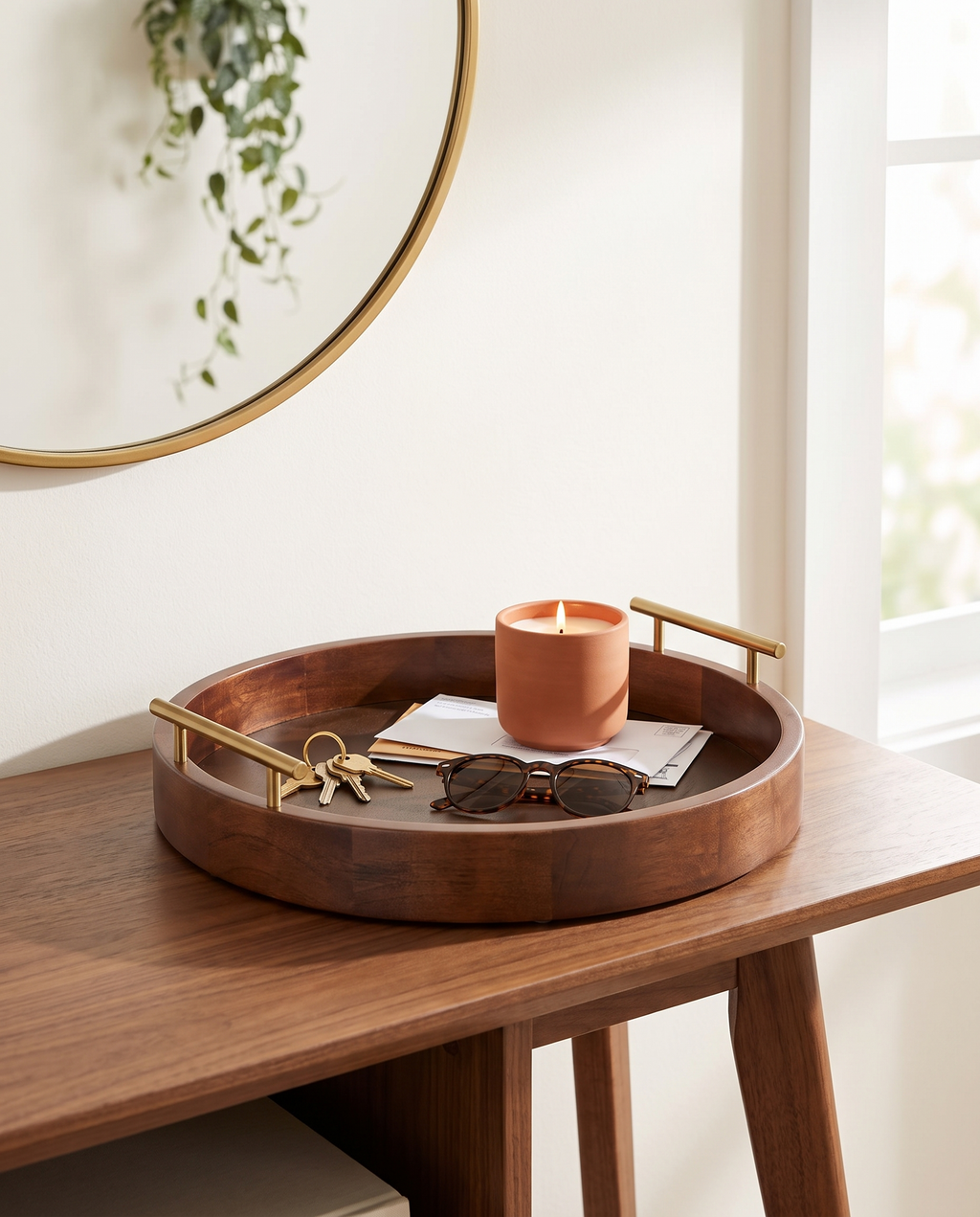 Mid Century Walnut Round Serving Tray with Gold Handles