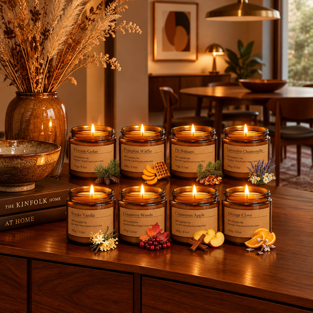 Amber Glass Jar Candle Set, 8 Pack