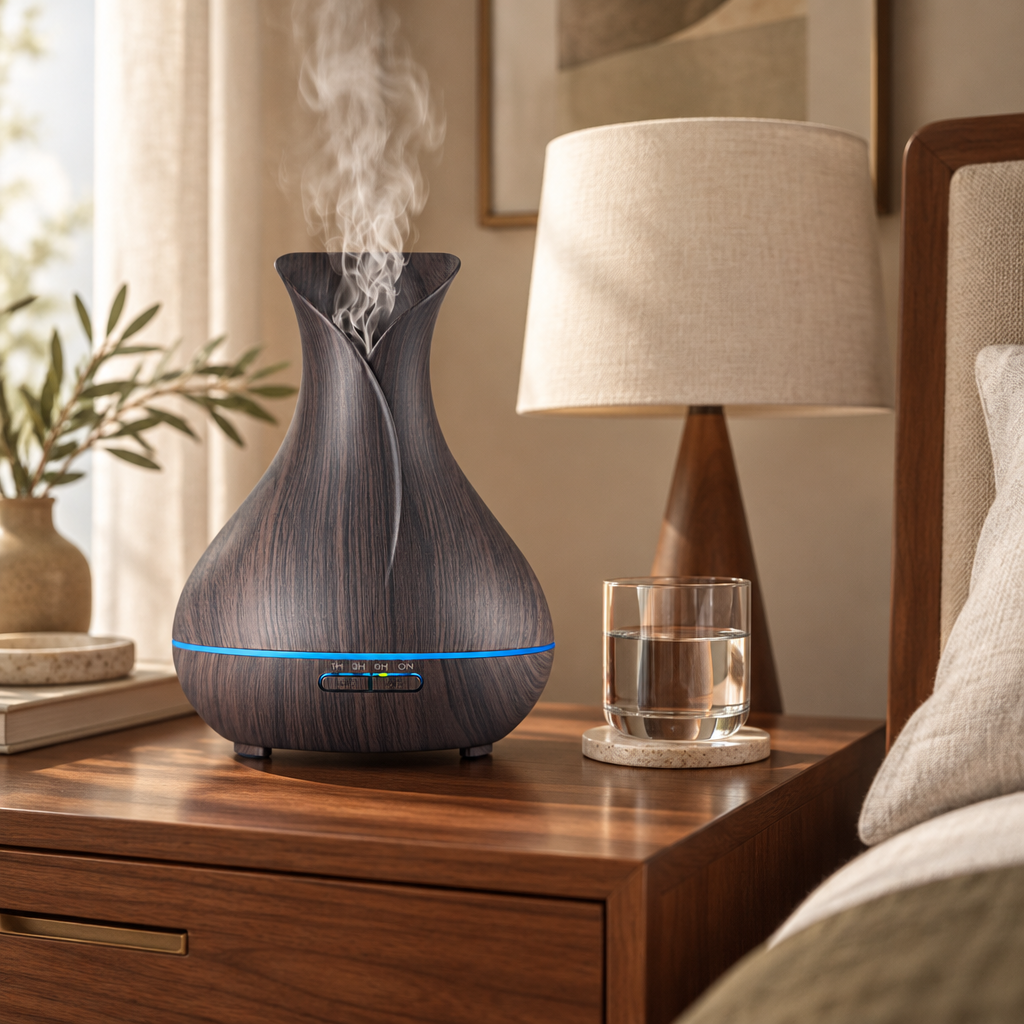 Wood Grain Ultrasonic Aroma Diffuser, 400ml styled in a room