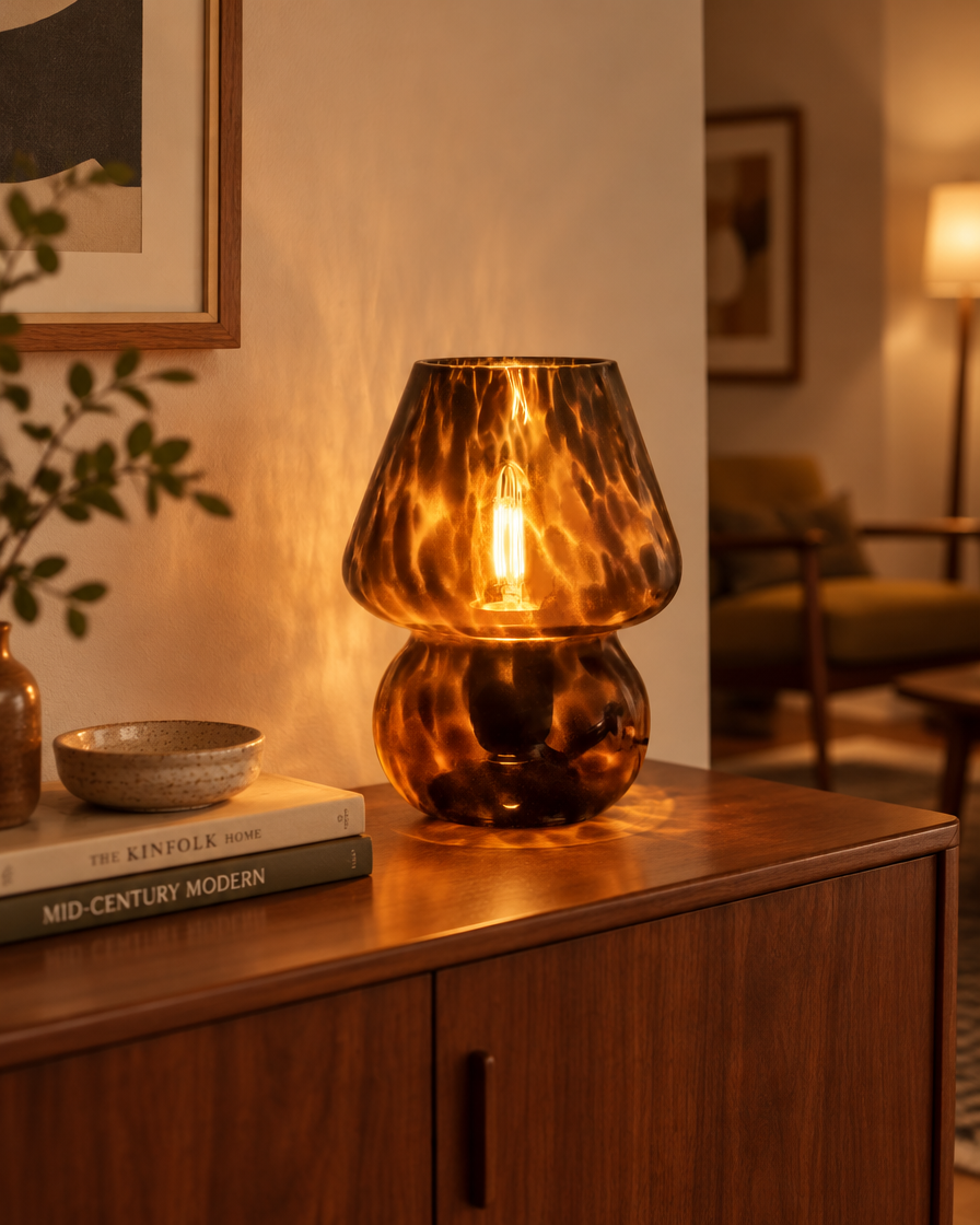 Glass Mushroom Table Lamp, Smoky Black Brown, Dimmable