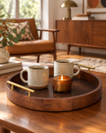 Mid Century Walnut Round Serving Tray with Gold Handles