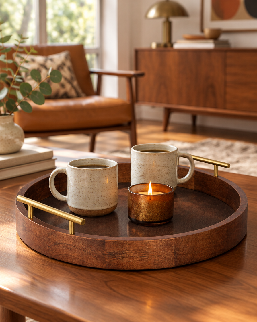 Mid Century Walnut Round Serving Tray with Gold Handles
