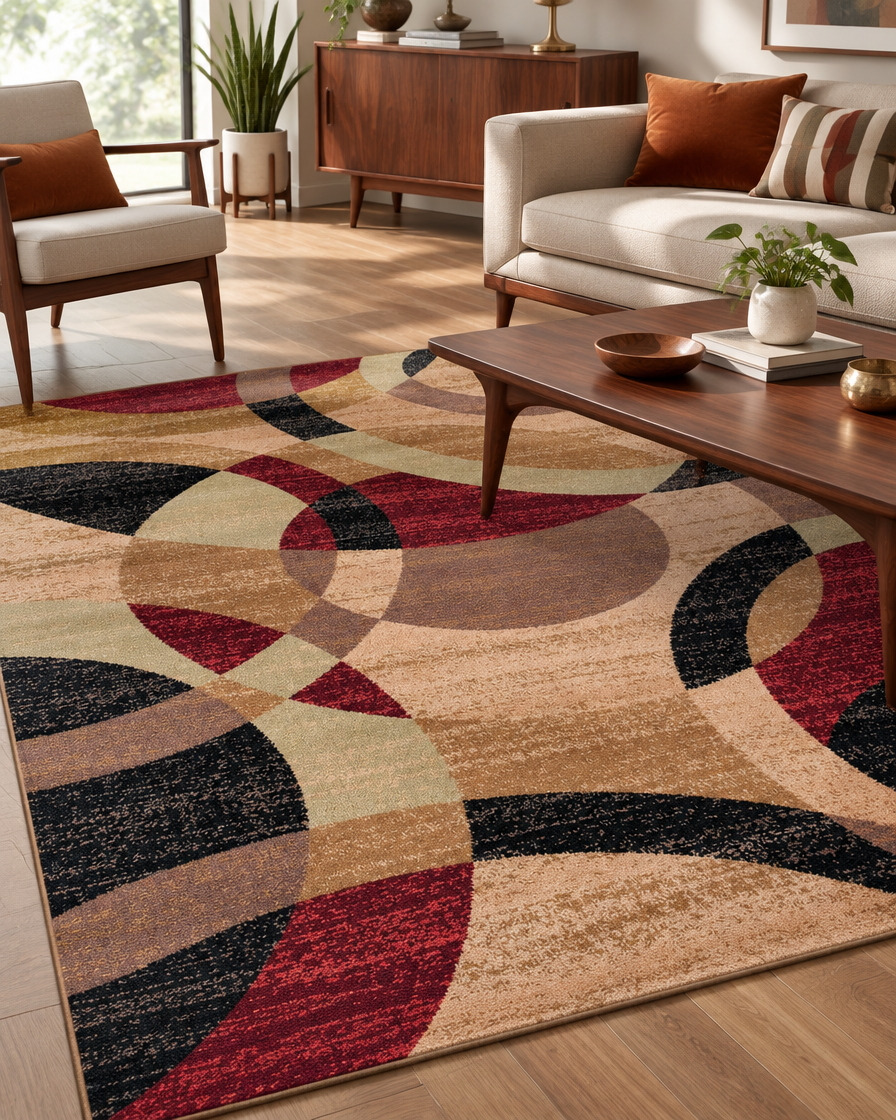Retro Overlapping Circles Area Rug 5x7 Warm Earth Tones