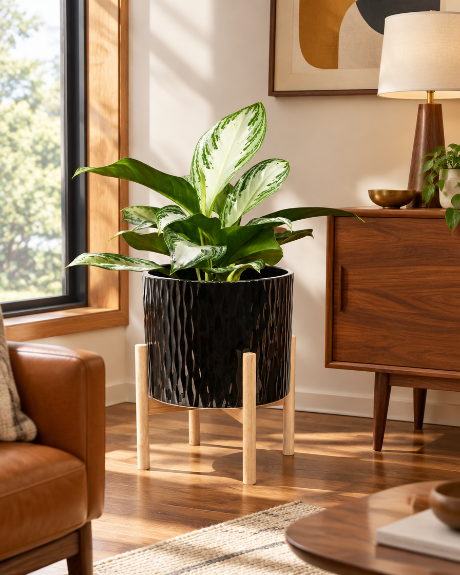 Black Ripple Ceramic Planter with Wood Stand, 10 Inch