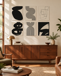 Abstract Line Art Prints, Set of 6, Black and Grey, Unframed