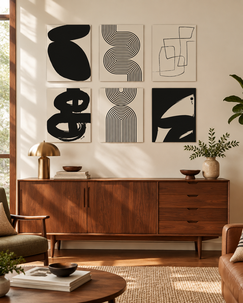 Abstract Line Art Prints, Set of 6, Black and Grey, Unframed