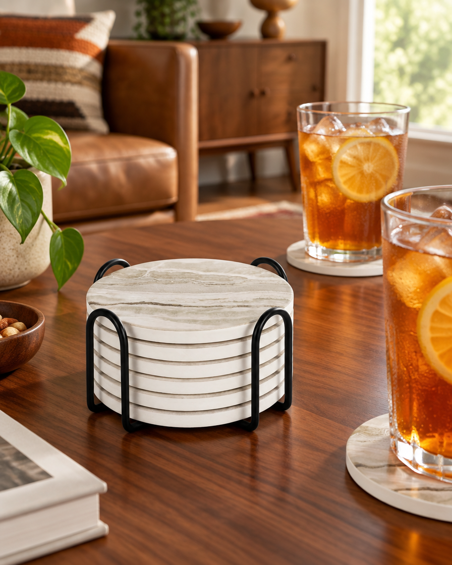 Marble Style Ceramic Coasters Set of 6 with Holder