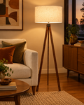 Mid Century Wood Tripod Floor Lamp with Linen Shade
