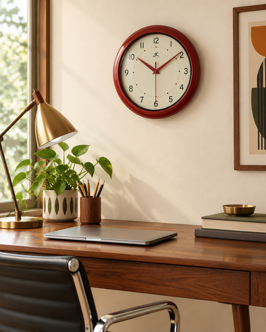 Retro Aluminum Wall Clock, Red, Silent styled in a room