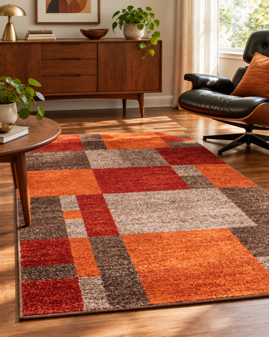 Retro Color Block Area Rug 5x8 Orange Rust Brown