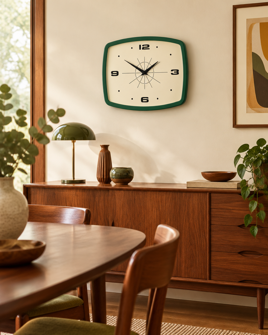Retro Rectangular Wall Clock, Green styled in a room