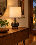 Mid Century Ceramic Table Lamp, Black Base with Wood Accent