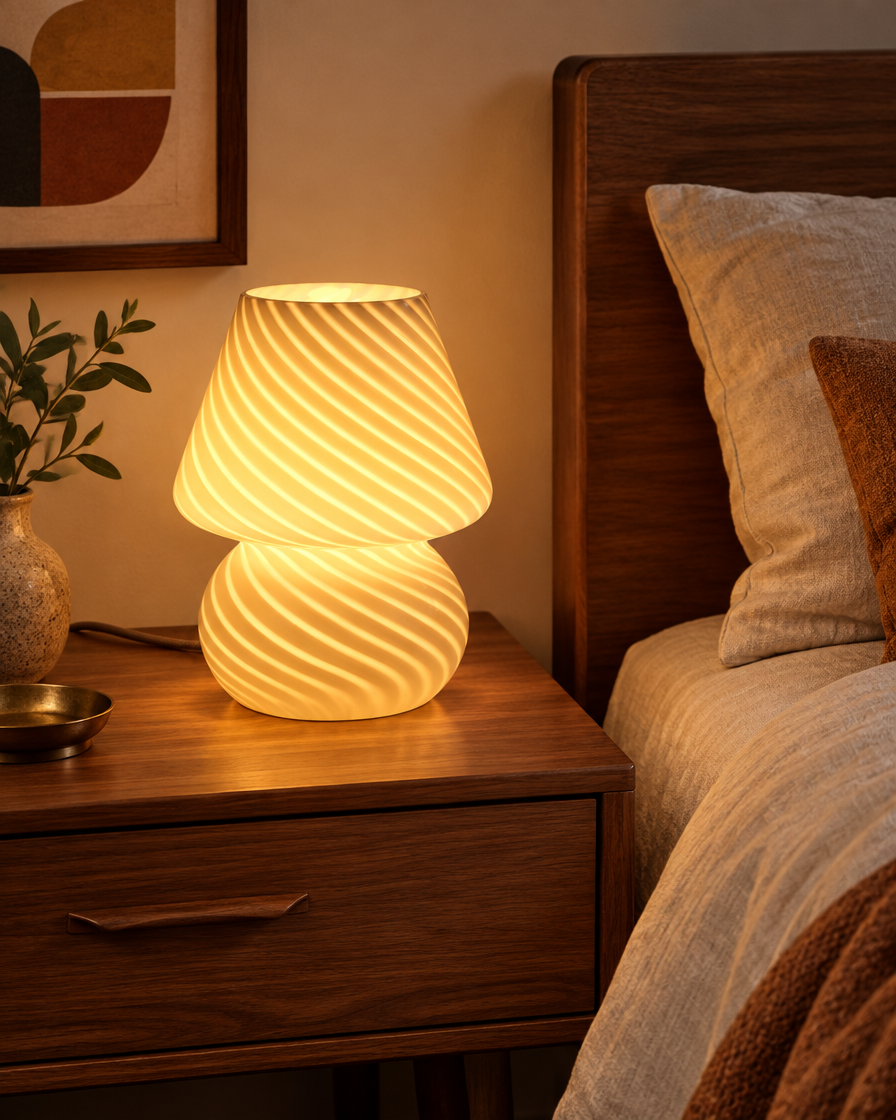 Swirl Glass Mushroom Table Lamp, White Stripe