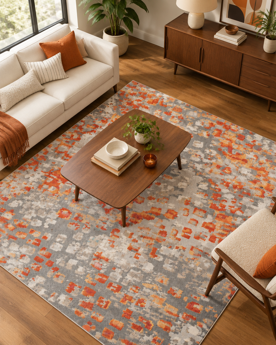 Modern Orange and Grey Abstract Rug 6x6 Square Speckle Pattern