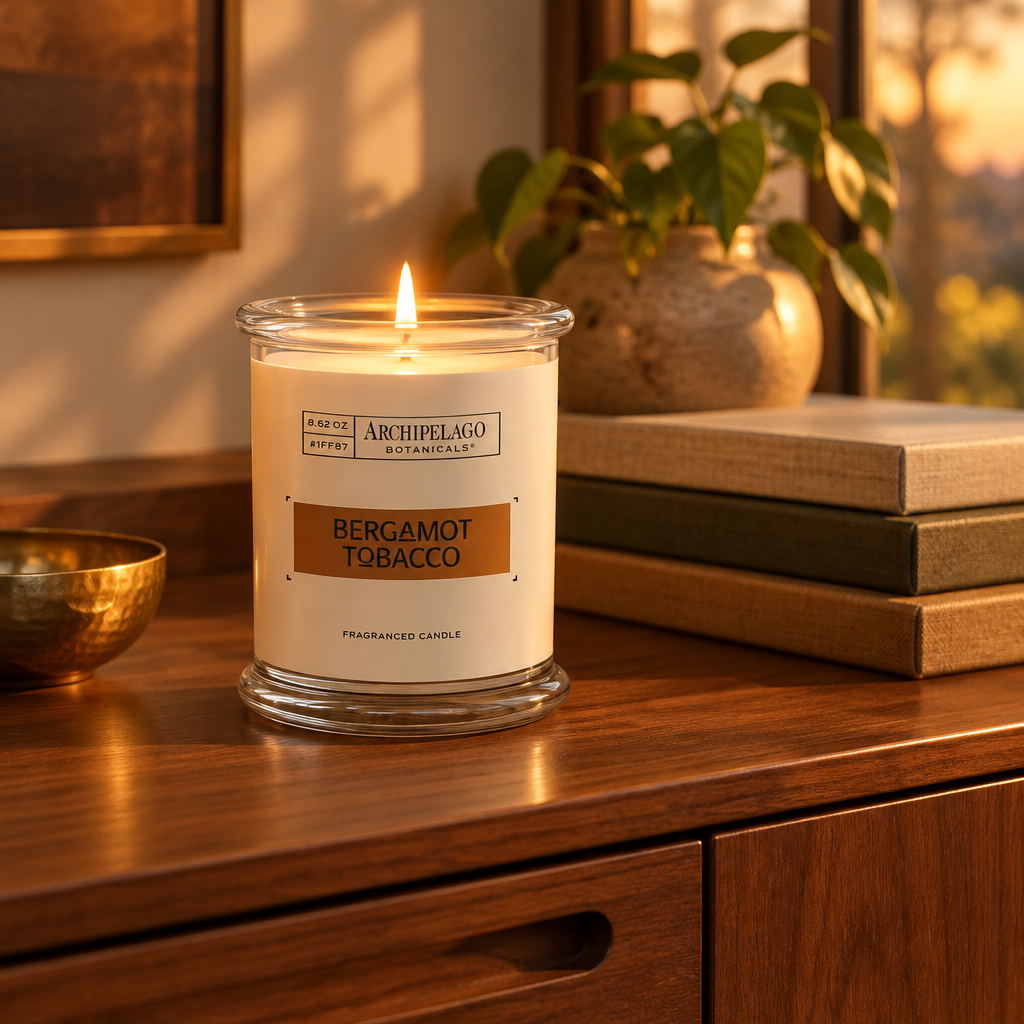 Bergamot Tobacco Luxury Scented Candle, 8.6 oz styled in a room