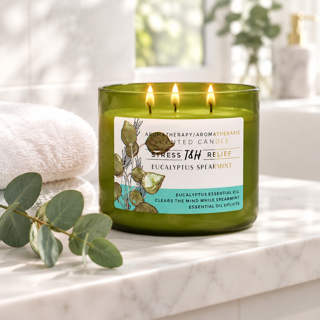 Eucalyptus Spearmint Three Wick Soy Candle, 15.8 oz styled in a room