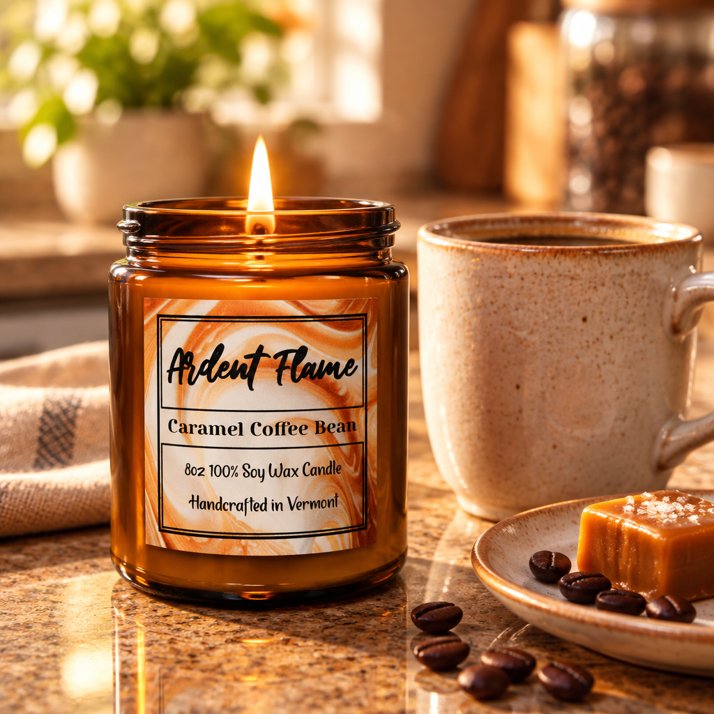 Caramel Coffee Bean Soy Wax Candle, 8 oz styled in a room