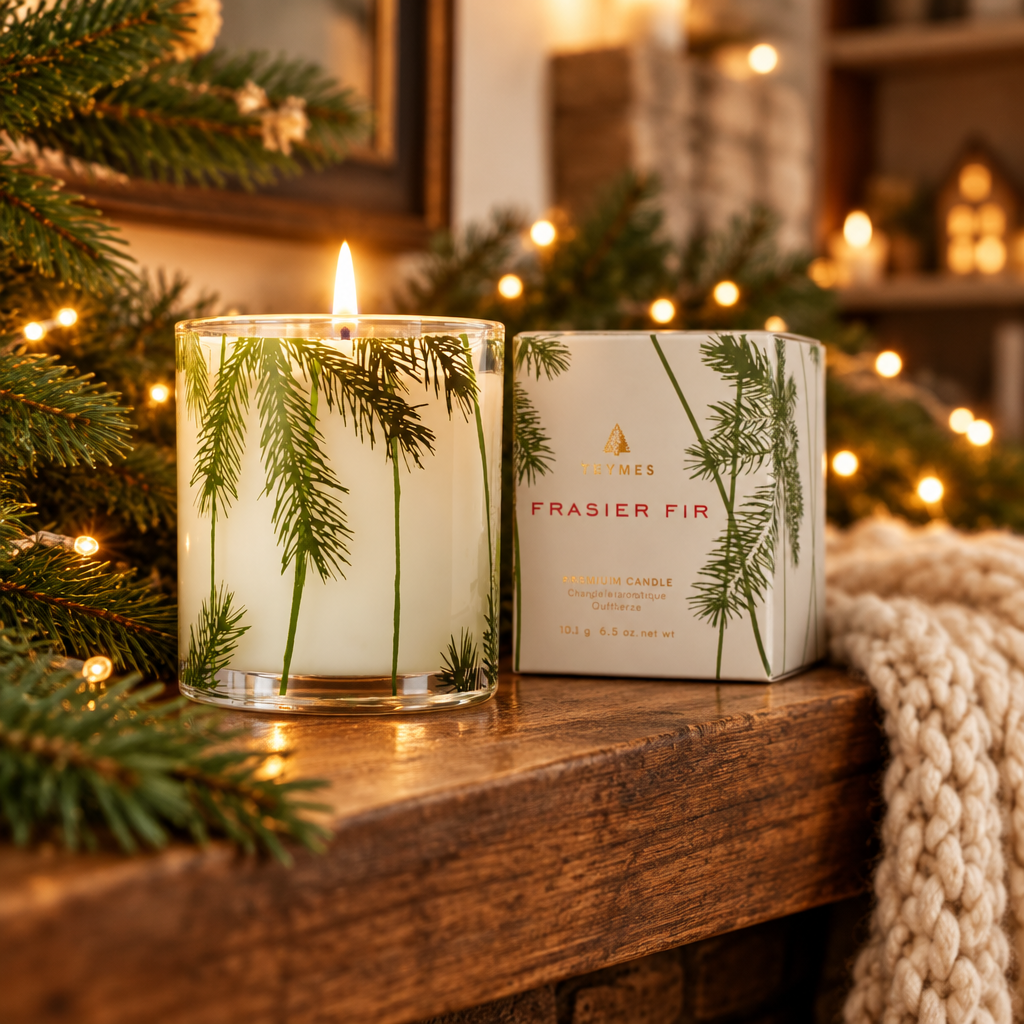 Frasier Fir Pine Needle Holiday Candle, 6.5 oz styled in a room