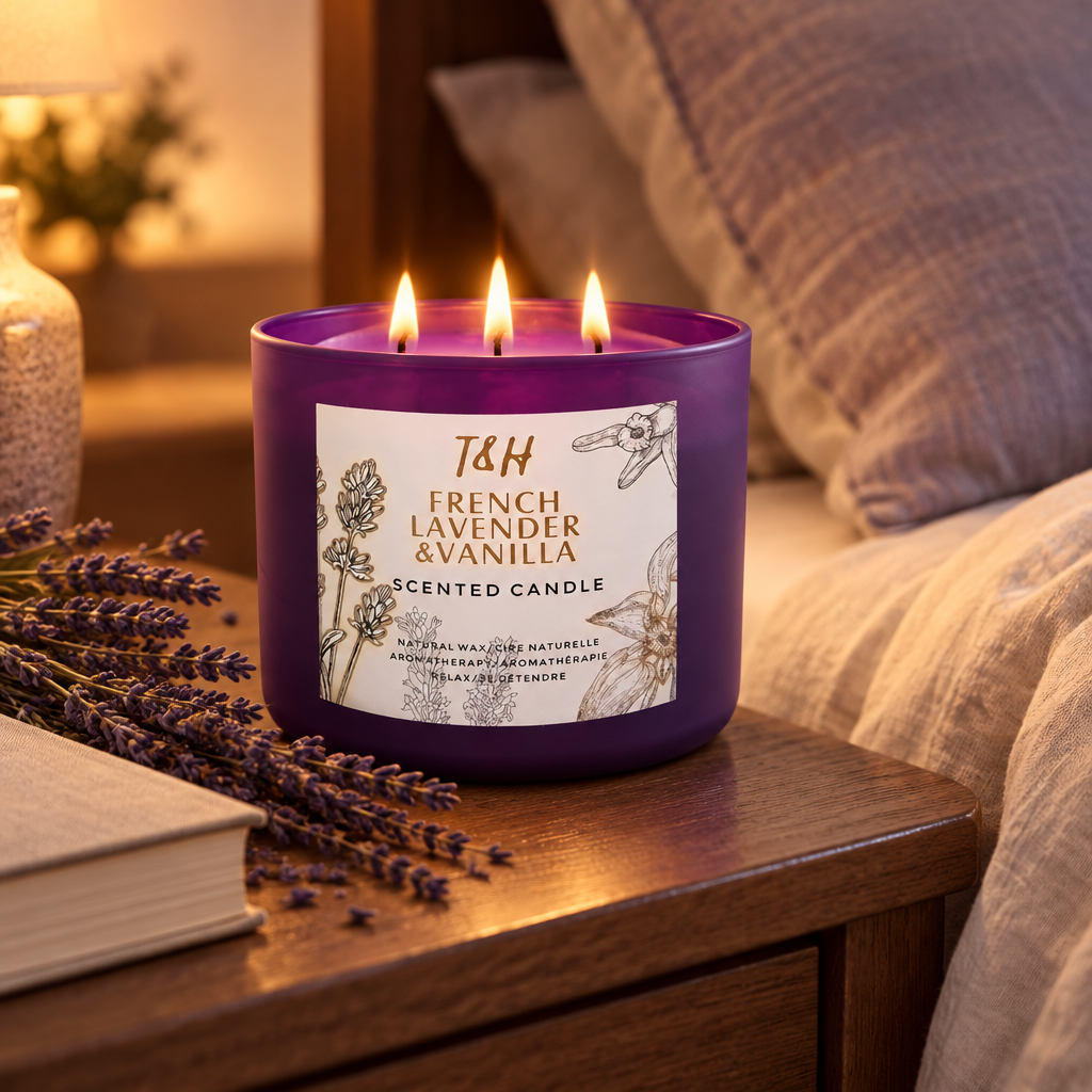 French Lavender Vanilla Three Wick Soy Candle, 15.8 oz styled in a room